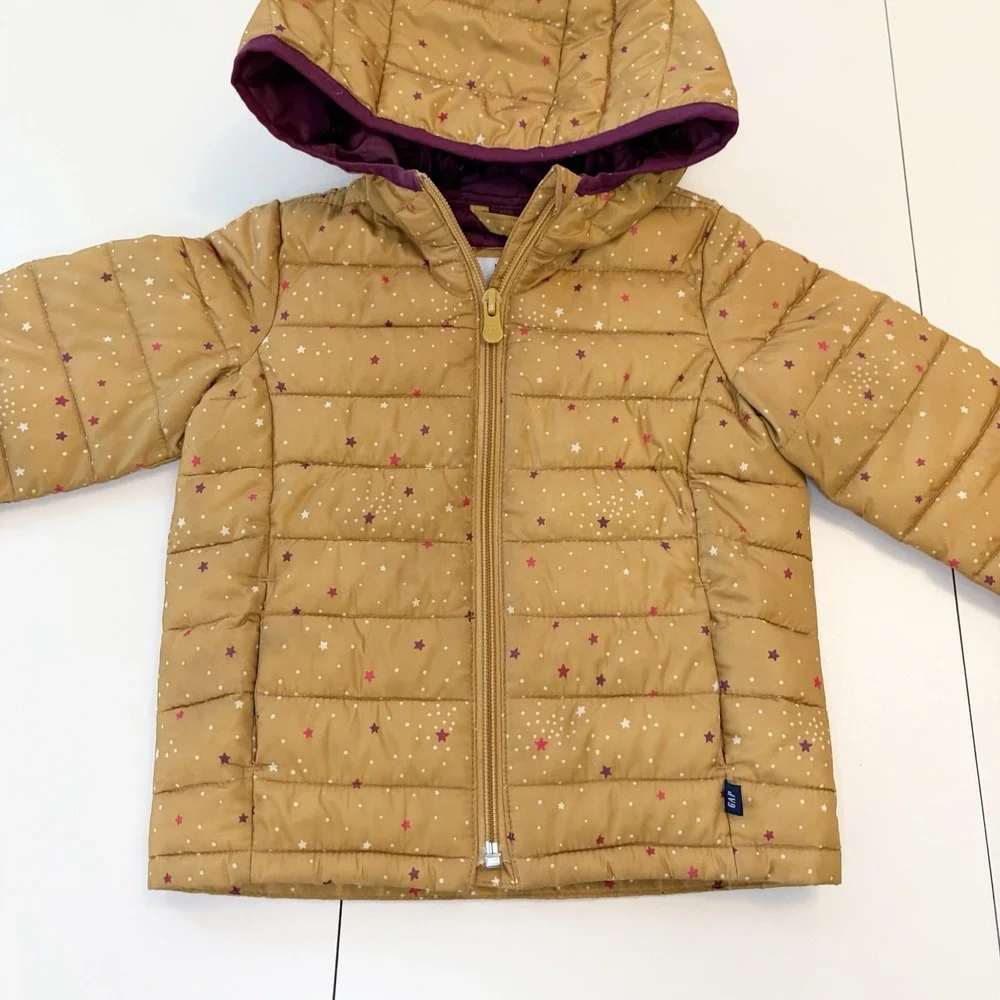 GAP Baby Hooded Puffer Jacket Yellow Purple Star Print Zip Up Coat Toddler 2 Yr